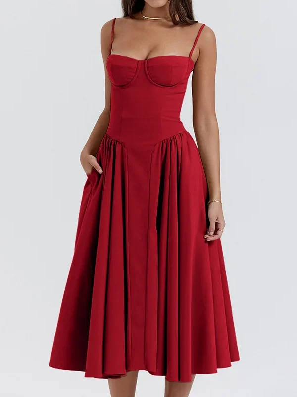 Summer Women Elegant Sleeveless Backless Pleated Dresses Lady  Solid Sling Midi Dress  Female Party Evening A-line Robes