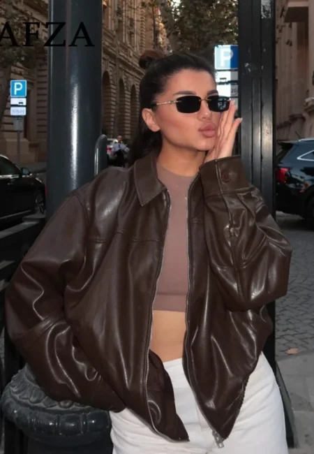 TRAFZA Vintage Spliced Faux Leather Jacket Women Business