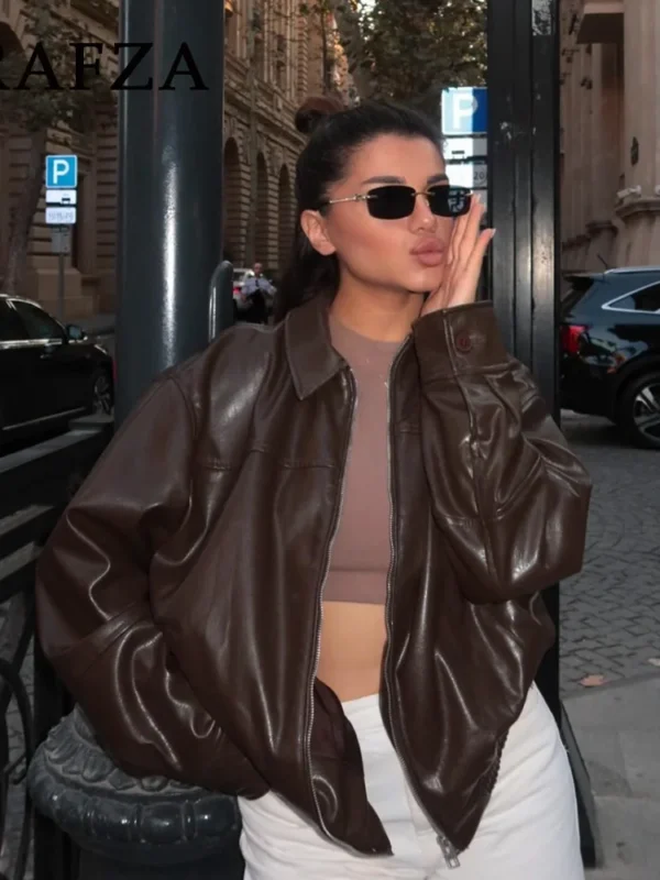 TRAFZA Vintage Spliced Faux Leather Jacket Women Business