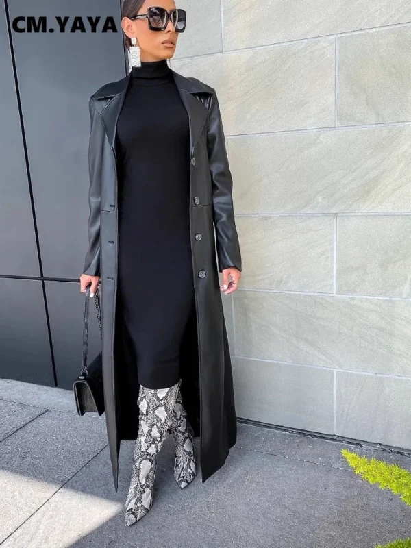 Chic PU Leather Long Sleeve Trench Coat for Stylish Women