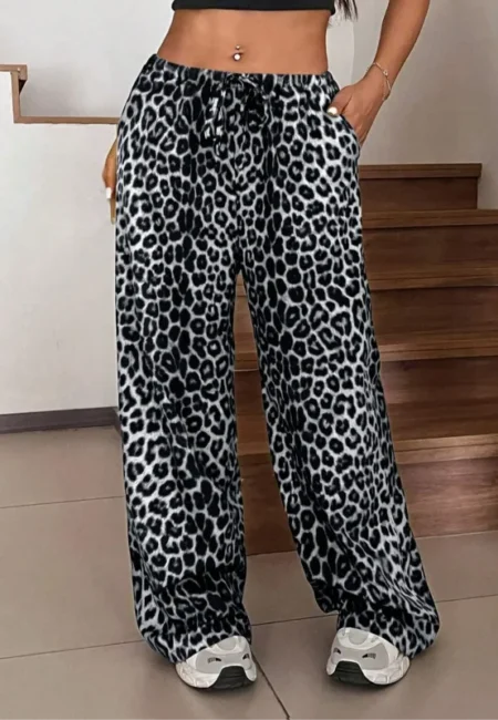 Luxurious Leopard Wide Leg Pants - Stretchy Polyester Comfort