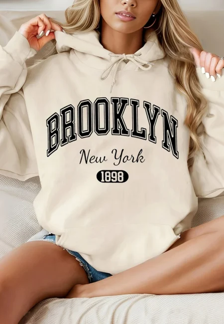 Brooklyn 1898 Hoodie - Cozy Alphabet Print Pullover Sweatshirt