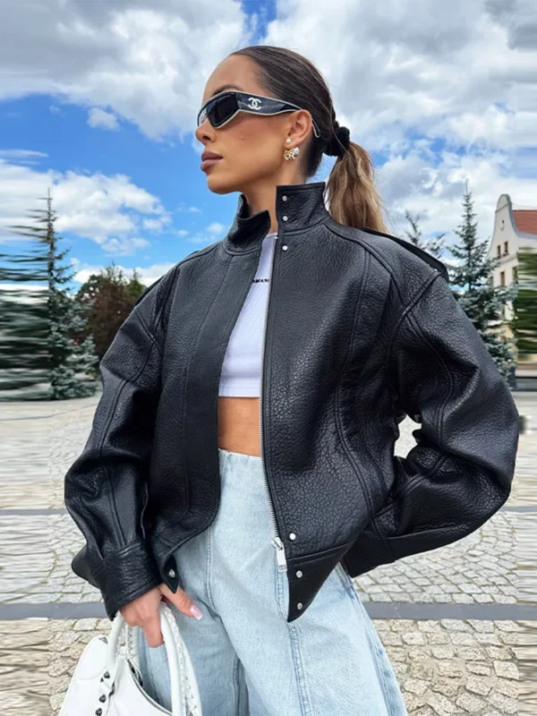 Chic Faux Leather Short Jacket with Metal Buckle for Women