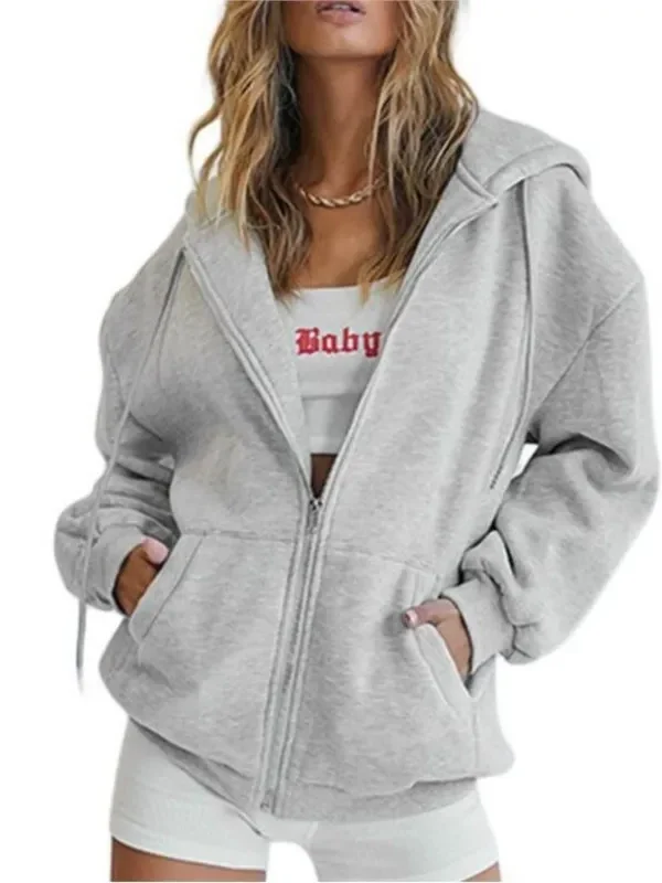 Fashion Gray Zip Up Sweatshirt Women Autumn Winter Jacket Clothes Hoodies Daily Pockets Long Sleeve Solid Versatile Lady Hoodies