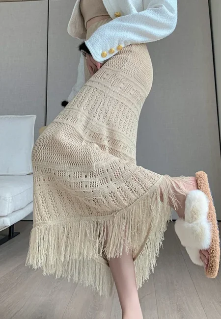 Luxe Tassel Knit Maxi Skirt - Empire Waist A-Line Beauty