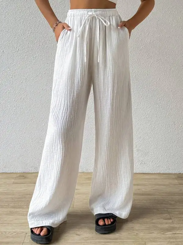 Plus Size Europe and the United States Fashion Solid Color Casual Versatile Elastic Pocket Wide-leg Trousers