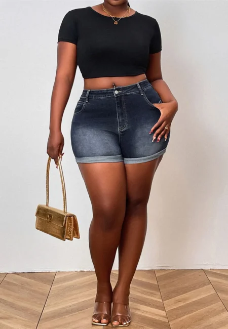 Benuynffy Retro Blue Denim Shorts Mid-Rise Rolled Hem 0 XL-4 XL