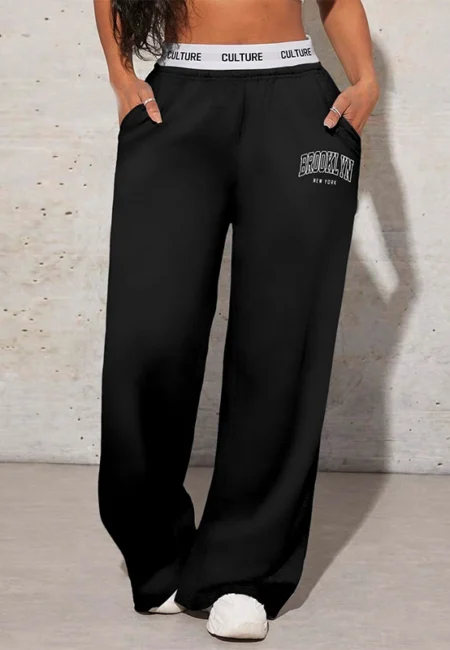 Letter Print Wide Leg Trousers with Pockets - Casual Comfort