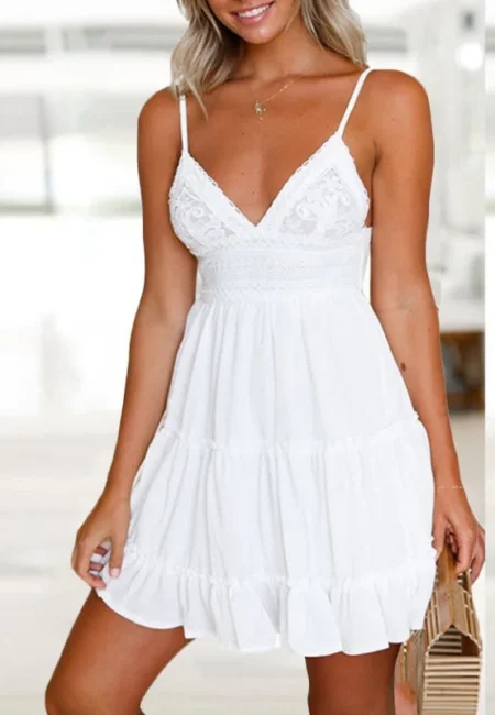 Bohemian A-Line Summer Dress with Spaghetti Straps & Ruffles