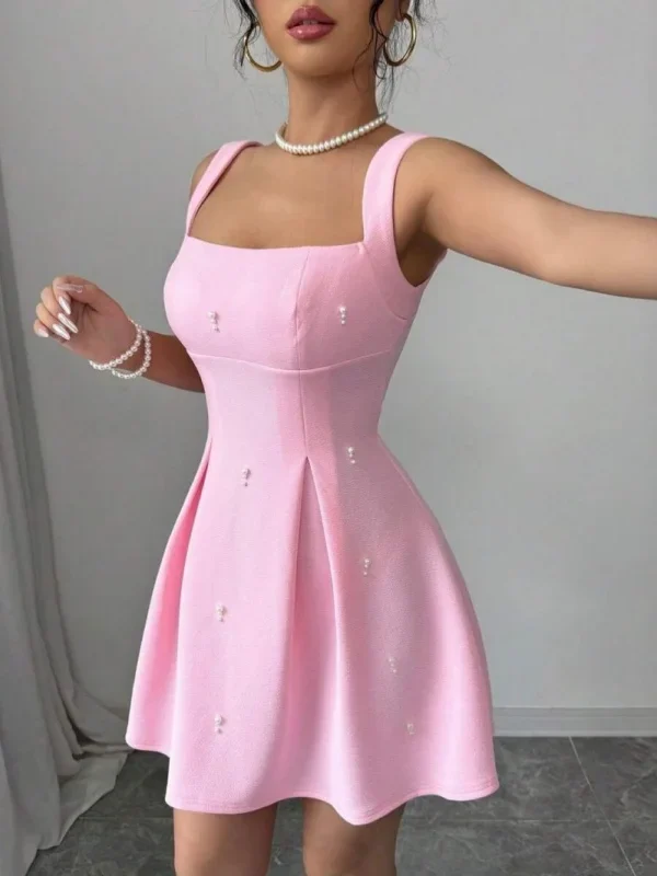 Chic Pink A-Line Dress with Square Neck & Pearl Accents
