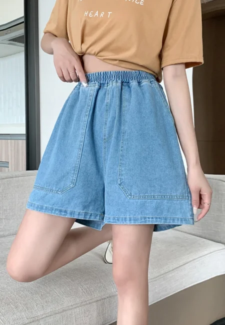 Relaxed Wide Leg Denim Shorts - High Waist Cotton Blend Summer