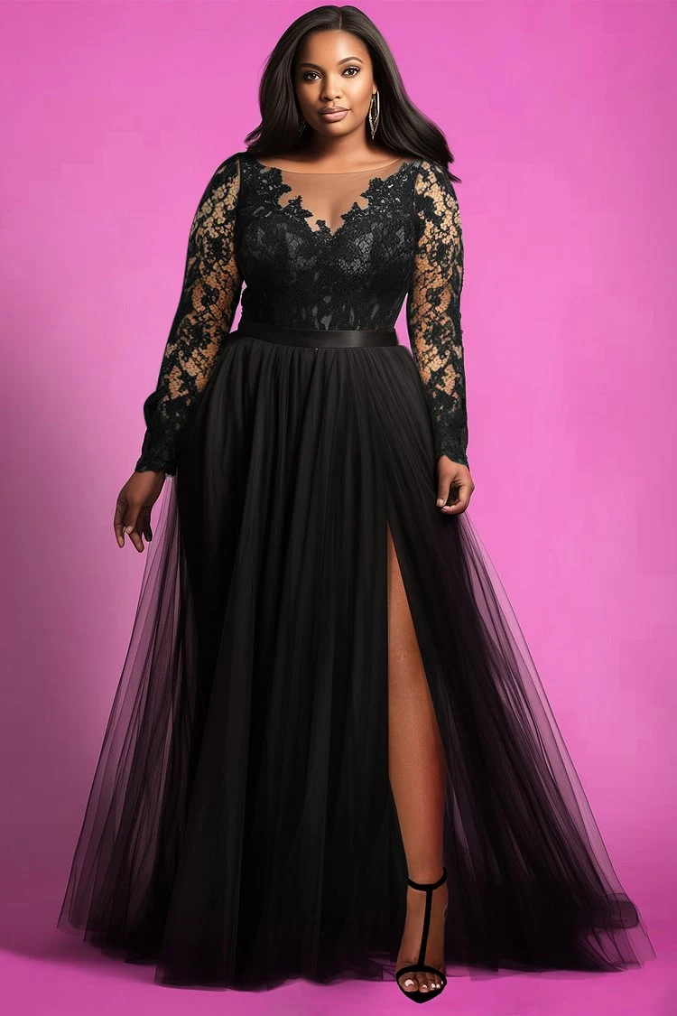 Kf-Sff8D0C28B4444127Bb65C165849Ab1F5Q Elegant Plus Size V-Neck Maxi Dress With Lace &Amp;Amp; Organza