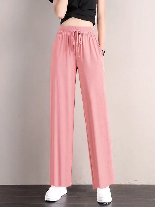1pcs Summer Women Ice Silk Pant Female High Elastic Waist Drawstring Pocket Loose Straight Trousers Student Sports Straight Pant