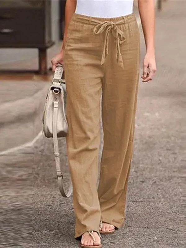Women Cotton Linen Pants Summer Fashion Elastic Waist Loose Straight Pants Female Casual Solid Color Ankle-length Trousers