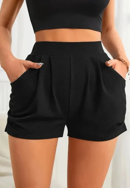 Luxe Black Pleated High-Waist Shorts with Double Pockets