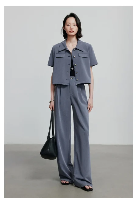 Grey Blue Wide Leg Two Piece Set - Modern Office Summer Outfit