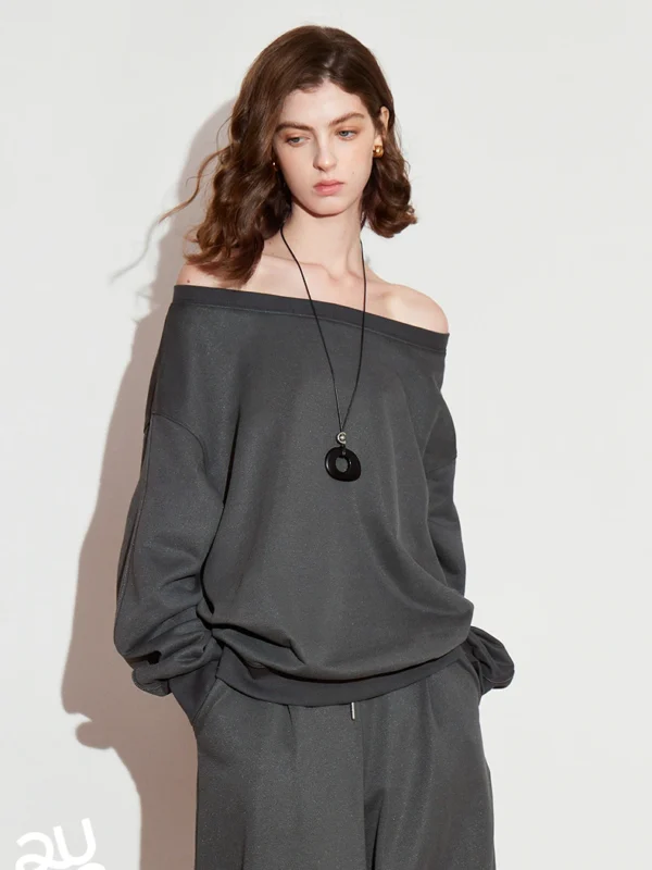 TOYOUTH Women Hoodies Sweatshirt  Spring New Off Shoulder Loose Fitting Pullover Tops Dark Gray