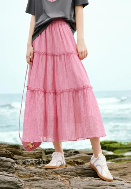 Summer Lace Patchwork Midi Skirt with Elastic Waist for Women