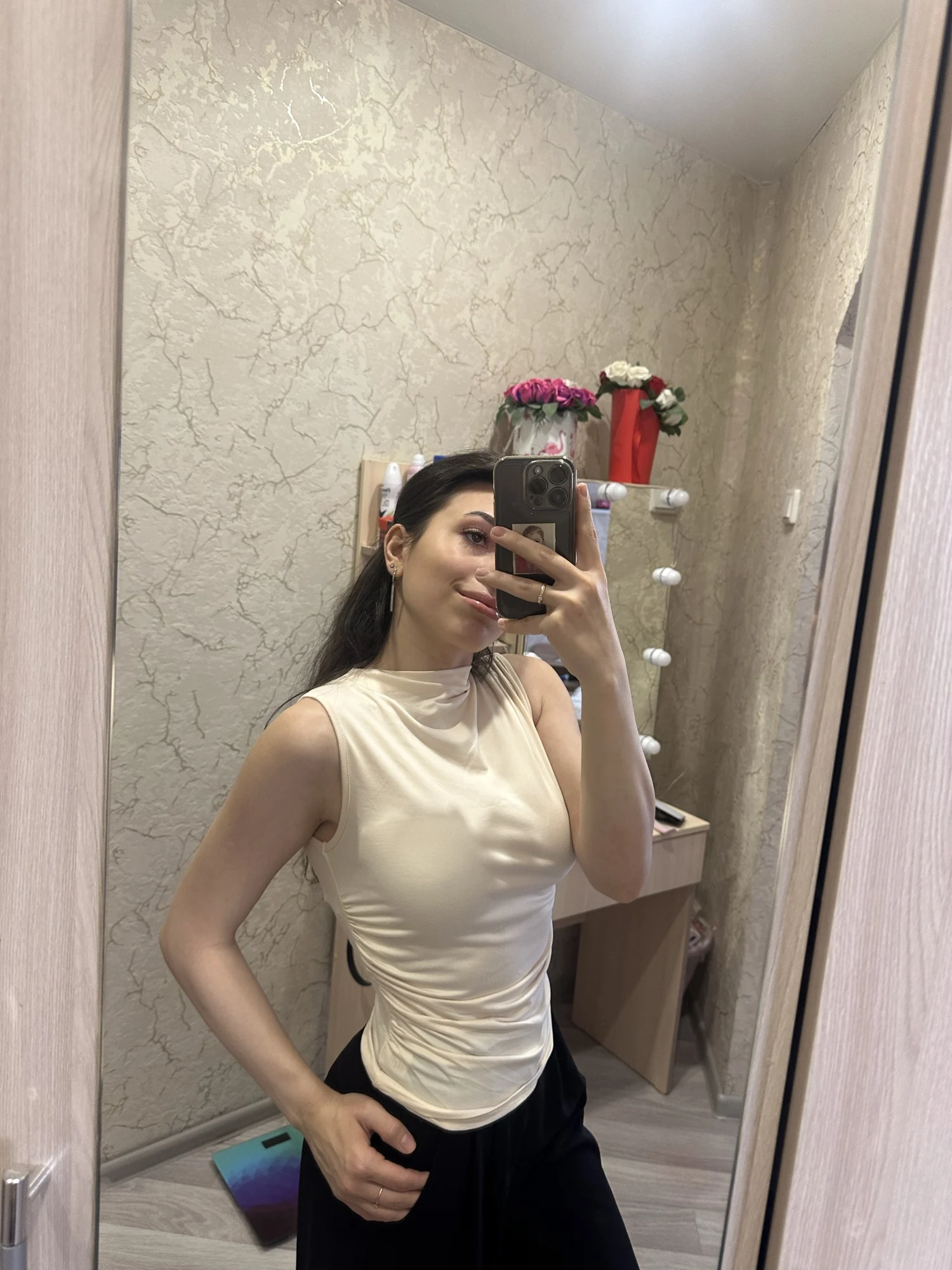 Ruched Mock Neck Tank Top - Stretchy Summer Sleeveless Tee photo review