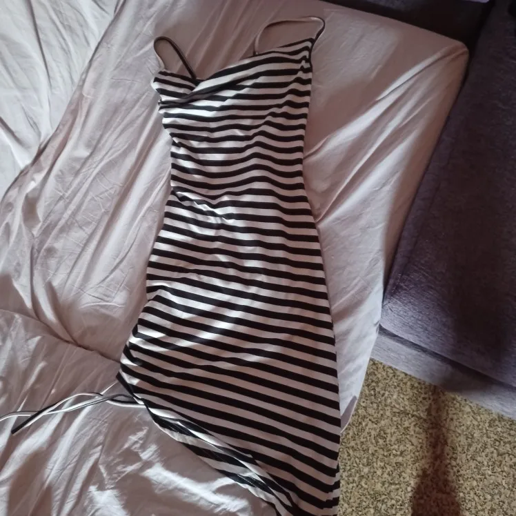 Striped V-Neck Mini Dress with Lace-Up Detail Beach Resort photo review