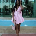 Pink Jacquard Halter Wedding Guest Dress - Backless A-Line photo review