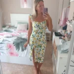 Lemon Yellow Midi Dress: Elegant Sheath with Slit & Butterfly Sleeves photo review