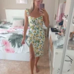 Lemon Yellow Midi Dress: Elegant Sheath with Slit & Butterfly Sleeves photo review