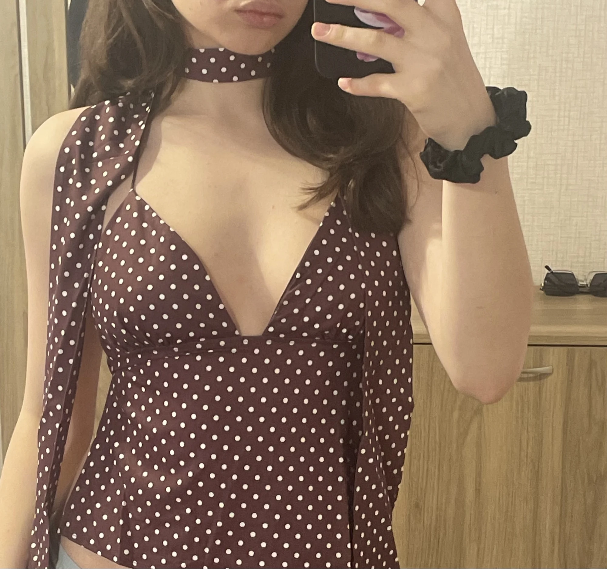 Brown Polka Dot Crop Top with Scarf - Summer Chiffon Cami photo review