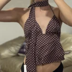 Brown Polka Dot Crop Top with Scarf - Summer Chiffon Cami photo review