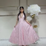 Pink Jacquard Halter Wedding Guest Dress - Backless A-Line photo review