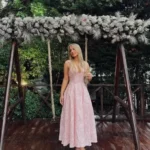 Pink Jacquard Halter Wedding Guest Dress - Backless A-Line photo review