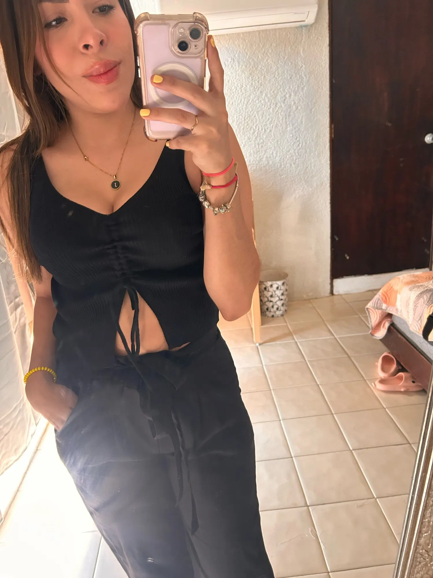 Trendy Women’s V-Neck Ribbed Crop Top with Drawstring Detail photo review