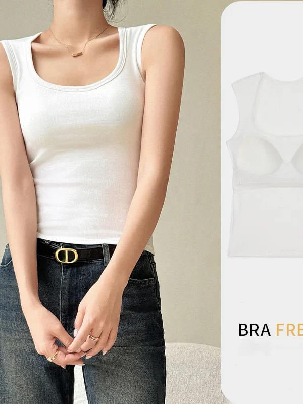 Korea Stylish Women's Camisole with Padded Bust Solid Color Sleeveless Undershirts  Tops Concealing Side Cleavage C5725