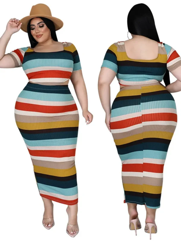 Chic Plus Size Striped Ribbed Two-Piece Set for Fall Fashion