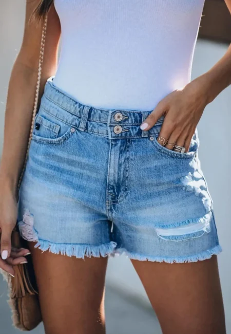Trendy High Waist Ripped Cotton Denim Shorts Summer Casual