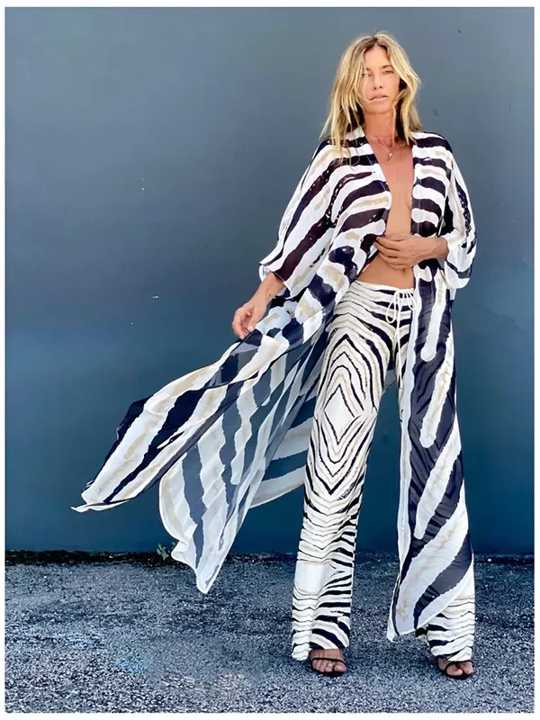 Bohemian Striped Chiffon Beach Cover-Up Kimono Dress for Summer