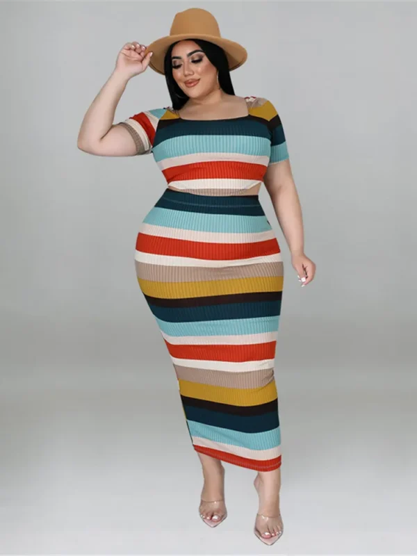 Chic Plus Size Striped Ribbed Two-Piece Set for Fall Fashion