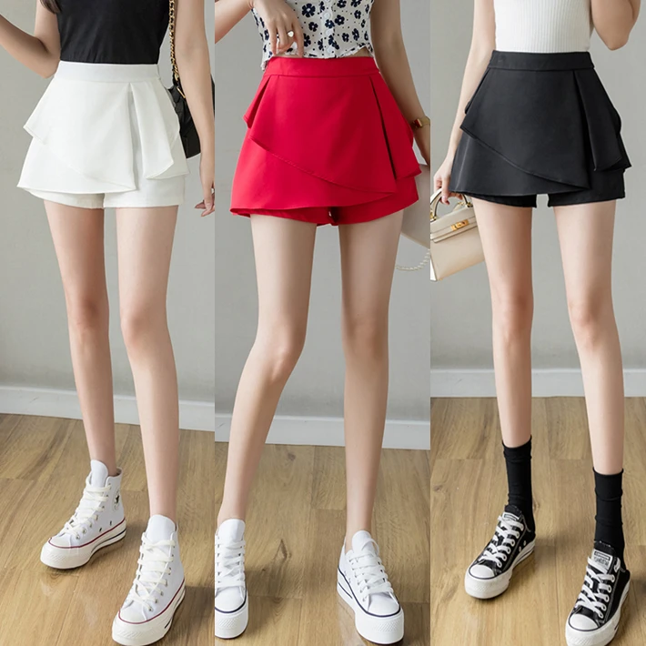 Spring Summer Chiffon Puffy f-length Skirt Women's High-waist Asymmetrical Red A-line Skirt with Lace Trim Commute Sle