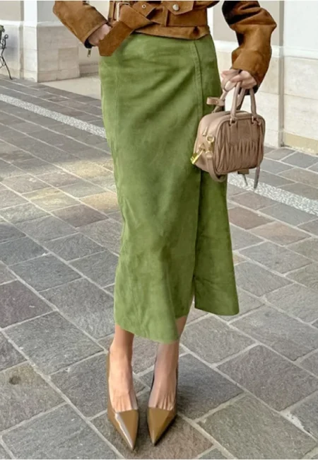 Autumn Elegance: Vintage Green Faux Suede High Waist Skirt