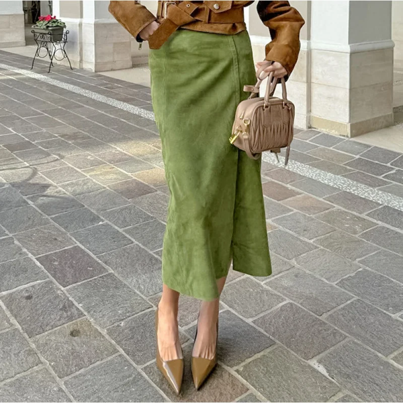 Kf-S027E9Da59B2049F587F0E99139Dd79C9L Autumn Elegance: Vintage Green Faux Suede High Waist Skirt