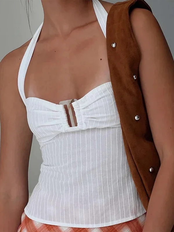 90S Vintage Sleeveless Lace-up Tank Top Women Y2K Backless Halter Crop Top Chic Summer Vacation Going Out Off Shoulder Vests