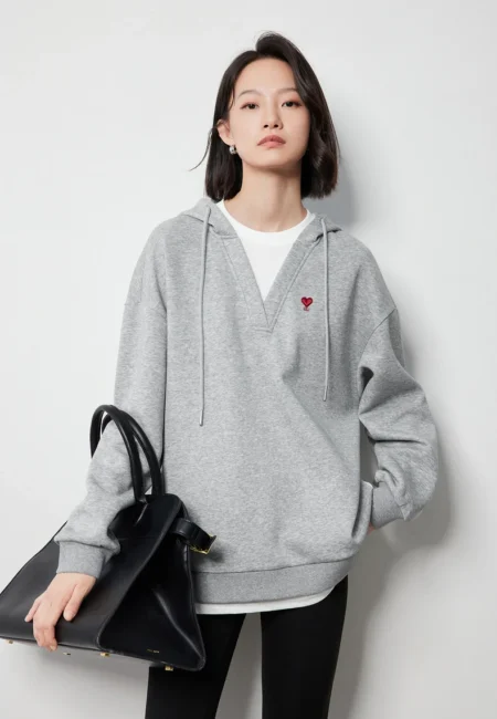 Heart Embroidered Cotton Hoodie - Cozy Autumn Pullover Women