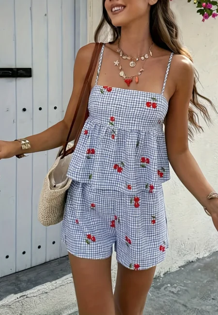 Sweet Cherry Grid Blue Shorts Set - Playful Summer Ensemble