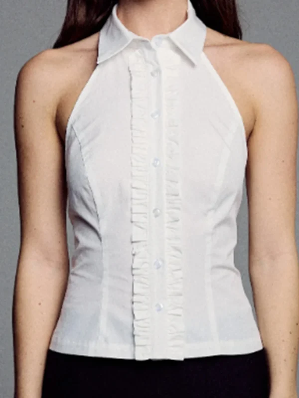 Halterneck Blusas Para Mujer Women's Button Down Shirt Casual Lapel V Neck Turn Down Collar Sleeveless Halter Tank Tops
