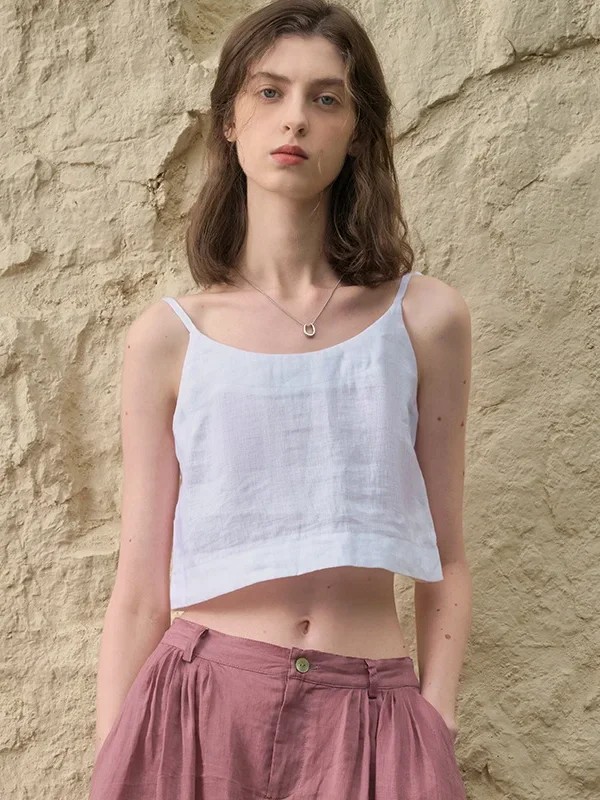 Effortless Chic White Linen Sleeveless Crop Top for Summer