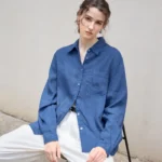 Vintage Linen Shirts Women Long Sleeve Button Up Turn Down Collar Casual Fashion Loose Blue Streetwear Office Lady Chic Blouse - Image 2