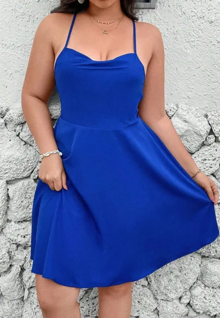 Elegant Blue A-Line Camisole Dress with Unique Back Detail