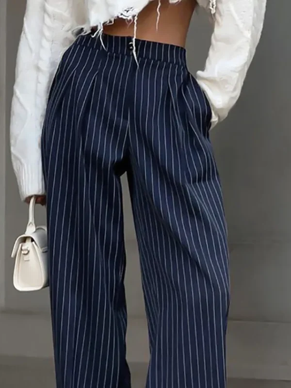 New Fashion Navy Blue Striped Wide Leg Pants For Women Female Casual Drape Suit Trousers Office Ladies Full Length Pants