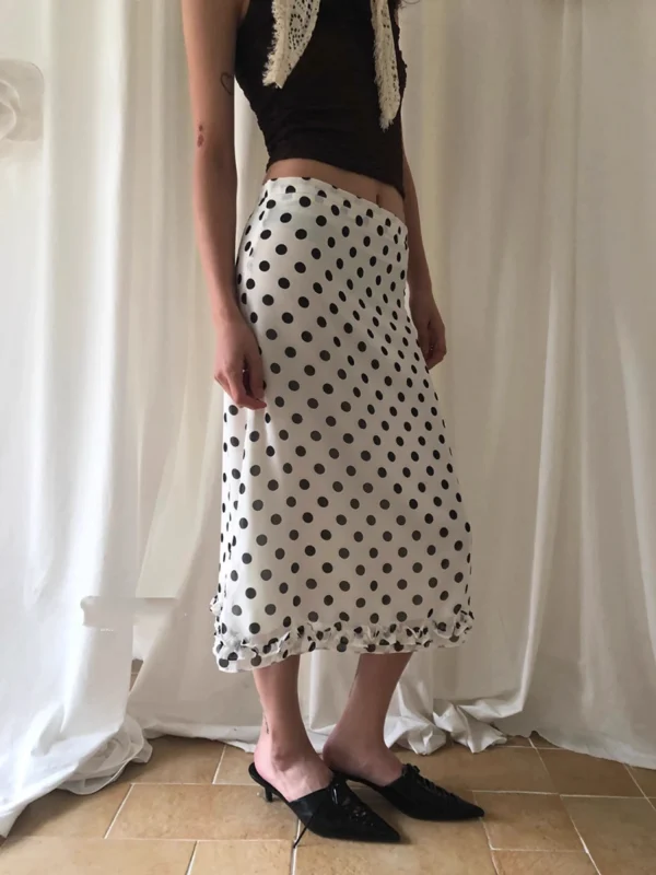 Vintage High Waist Midi Skirt with Gingham Lace & Dots