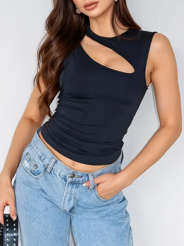 Stunning Hollow Neck Black Tank Top - Stretchy Party Vest